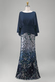 Sparkly Mermaid Long Floral Navy Sequin Mother of the Bride Dress
