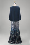 Sparkly Mermaid Long Floral Navy Sequin Mother of the Bride Dress
