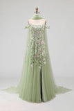 Off The Shoulder Dusty Sage A-Line Sequins Embroidered Long Prom Dress with Slit