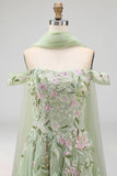 Off The Shoulder Dusty Sage A-Line Sequins Embroidered Long Prom Dress with Slit