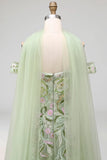 Off The Shoulder Dusty Sage A-Line Sequins Embroidered Long Prom Dress with Slit