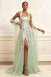 Dusty Sage A-Line Halter Neck Tulle Floral Embroidered Long Formal Dress with Slit
