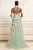 Dusty Sage A-Line Halter Neck Tulle Floral Embroidered Long Formal Dress with Slit
