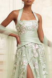 Dusty Sage A-Line Halter Neck Tulle Floral Embroidered Long Formal Dress with Slit