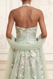 Dusty Sage A-Line Halter Neck Tulle Floral Embroidered Long Formal Dress with Slit