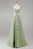 A-Line Square Neck Dusty Sage Tulle Floral Embroidered Long Formal Dress with Slit