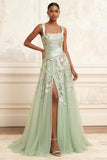 A-Line Square Neck Dusty Sage Tulle Floral Embroidered Long Formal Dress with Slit