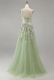 A-Line Square Neck Dusty Sage Tulle Floral Embroidered Long Formal Dress with Slit
