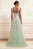 A-Line Square Neck Dusty Sage Tulle Floral Embroidered Long Formal Dress with Slit