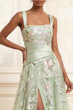 A-Line Square Neck Dusty Sage Tulle Floral Embroidered Long Formal Dress with Slit