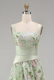 A-Line Square Neck Dusty Sage Tulle Floral Embroidered Long Formal Dress with Slit