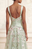 A-Line Square Neck Dusty Sage Tulle Floral Embroidered Long Formal Dress with Slit