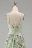 A-Line Square Neck Dusty Sage Tulle Floral Embroidered Long Formal Dress with Slit