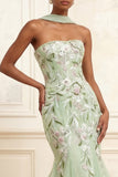 Dusty Sage Strapless Mermaid Sequins Tulle Embroidered Long Prom Dress