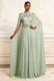 A-Line Dusty Sage Floral Embroidered Beaded Long Formal Dress with Cape