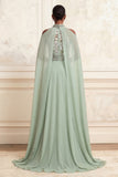 A-Line Dusty Sage Floral Embroidered Beaded Long Formal Dress with Cape