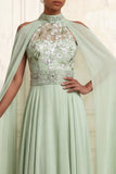 A-Line Dusty Sage Floral Embroidered Beaded Long Formal Dress with Cape