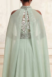 A-Line Dusty Sage Floral Embroidered Beaded Long Formal Dress with Cape