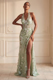 Halter Dusty Sage Sheer Corset Sheath Embroidered Long Formal Dress with Slit