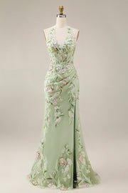 Dusty Sage Halter Sheer Corset Sheath Embroidered Long Formal Dress with Slit
