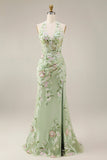 Dusty Sage Halter Sheer Corset Sheath Embroidered Long Formal Dress with Slit