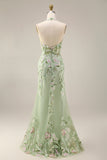 Halter Dusty Sage Sheer Corset Sheath Embroidered Long Formal Dress with Slit