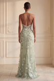 Halter Dusty Sage Sheer Corset Sheath Embroidered Long Formal Dress with Slit