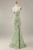 Dusty Sage Halter Sheer Corset Sheath Embroidered Long Formal Dress with Slit
