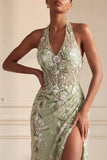 Halter Dusty Sage Sheer Corset Sheath Embroidered Long Formal Dress with Slit