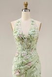 Dusty Sage Halter Sheer Corset Sheath Embroidered Long Formal Dress with Slit
