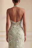Halter Dusty Sage Sheer Corset Sheath Embroidered Long Formal Dress with Slit