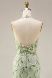 Dusty Sage Halter Sheer Corset Sheath Embroidered Long Formal Dress with Slit