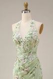 Dusty Sage Halter Sheer Corset Sheath Embroidered Long Formal Dress with Slit