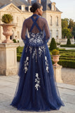 Glitter Navy Halter Floral A Line Side Slit Long Prom Dress with Wrap