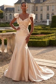 Blush Mermaid Corset Satin Long Prom Dress with 3D Flowers