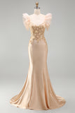 Blush Mermaid Corset Satin Long Prom Dress with 3D Flowers