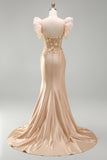 Blush Mermaid Corset Satin Long Prom Dress with 3D Flowers