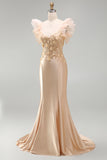 Blush Mermaid Corset Satin Long Prom Dress with 3D Flowers