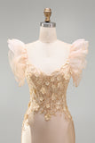 Blush Mermaid Corset Satin Long Prom Dress with 3D Flowers