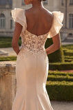 Blush Mermaid Corset Satin V-Neck Long Prom Dress with 3D Flowers