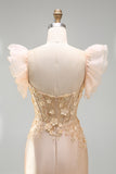 Blush Mermaid Corset Satin Long Prom Dress with 3D Flowers
