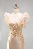 Blush Mermaid Corset Satin Long Prom Dress with 3D Flowers