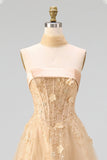 Strapless Blush Corset A Line 3D Flowers Long Tulle Prom Dress with a Neck Scarf