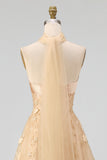 Strapless Blush Corset A Line 3D Flowers Long Tulle Prom Dress with a Neck Scarf