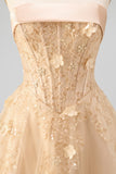 Strapless Blush Corset A Line 3D Flowers Long Tulle Prom Dress with a Neck Scarf