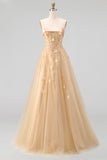 Strapless Blush Corset A Line 3D Flowers Long Tulle Prom Dress with a Neck Scarf