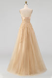 Strapless Blush Corset A Line 3D Flowers Long Tulle Prom Dress with a Neck Scarf