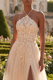 Blush Halter Corset Tulle A Line 3D Flowers Long Prom Dress with Slit