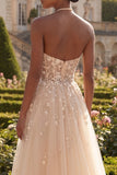 Blush Halter Corset Tulle A Line 3D Flowers Long Prom Dress with Slit