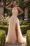 Halter Blush A Line Corset 3D Flowers Tulle Long Formal Dress with Slit